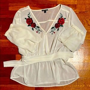 White Rose Floral sheer top,peplum & sash, long sleeve.EXPRESS LARGE